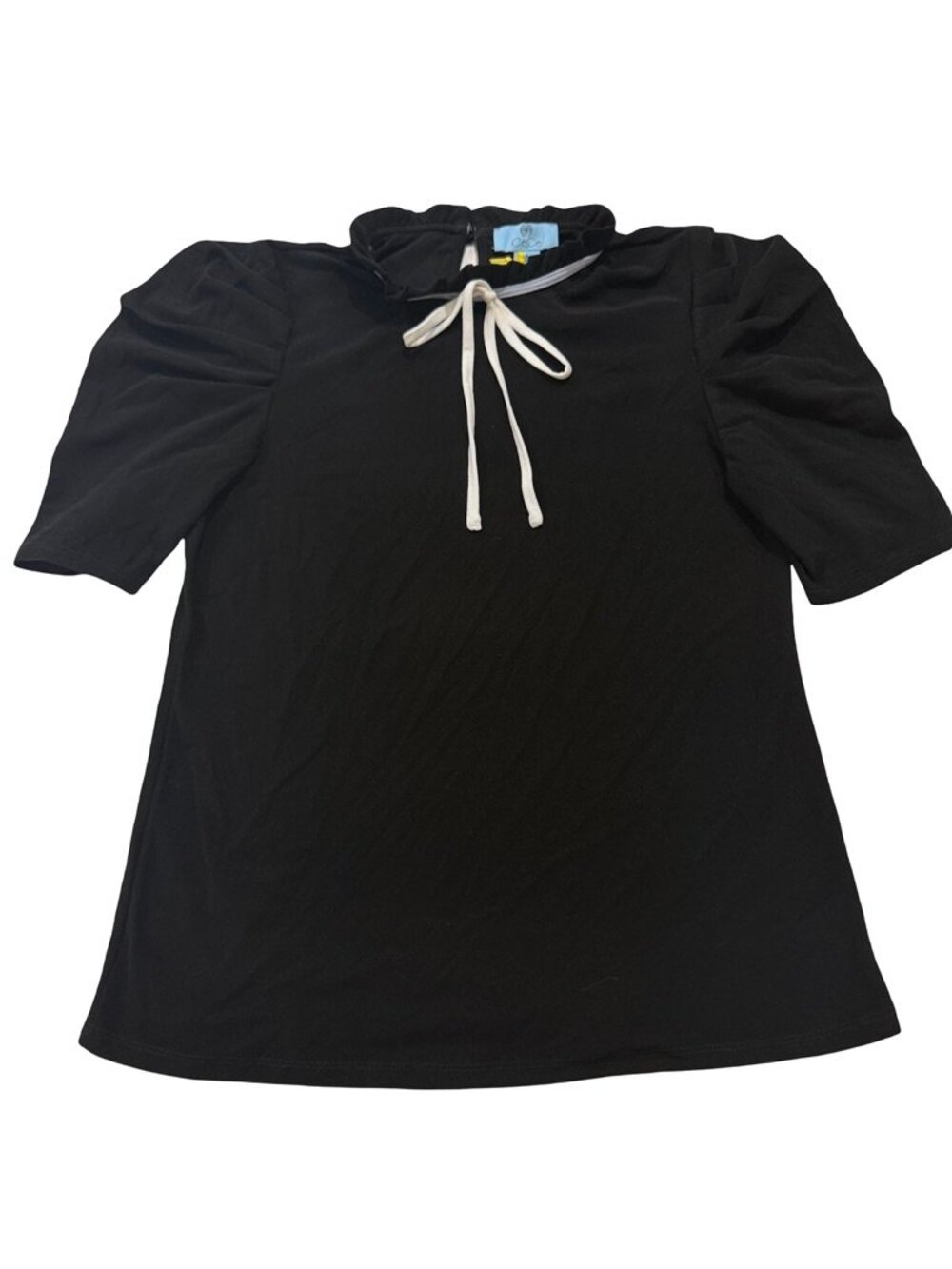 CeCe Black Ruffle Neck Puff Sleeve Blouse Shirt Keyhole Tie Small Women's NWT